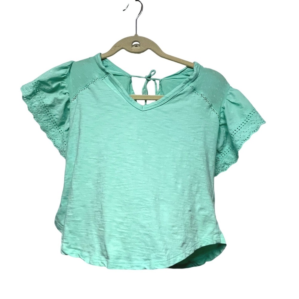 Thread & Clover Mint Green Eyelet Flutter Sleeve V-Neck Top XS Cottagecore Boho